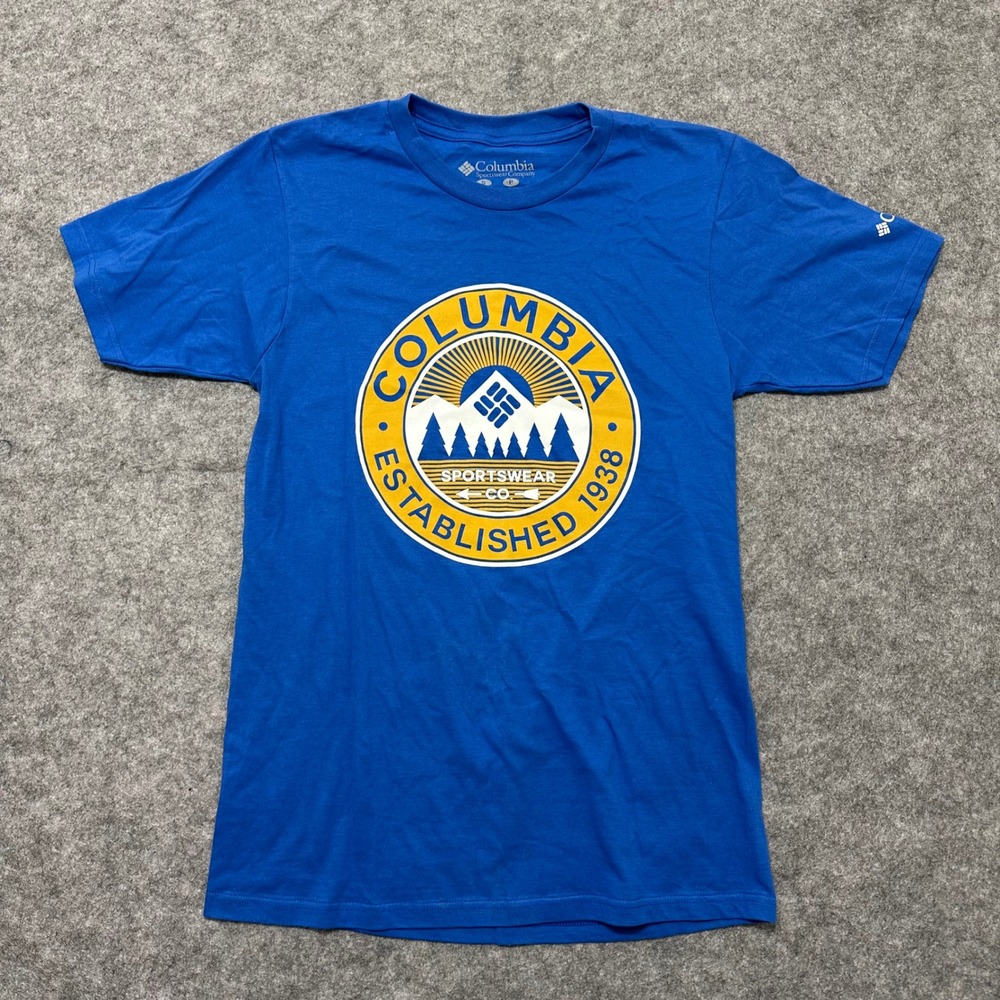 Columbia T Shirt Mens Small Blue Established 1938 Short Sleeve Cotton Tee